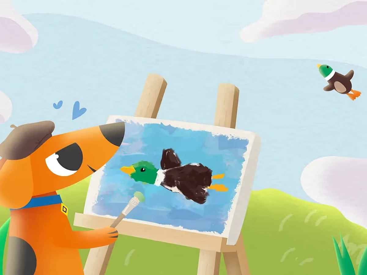 2D-Animation eines Hundes, der eine Ente auf eine Staffelei malt, Produktvideo für Good Boy