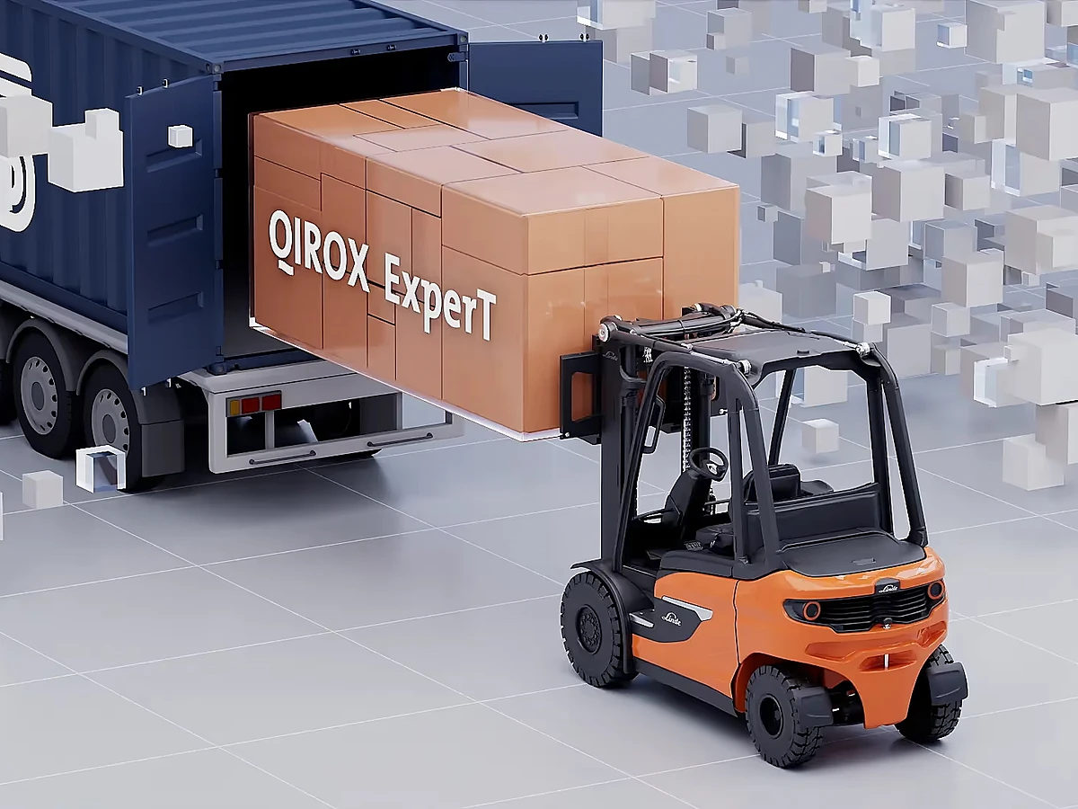 Gabelstapler lädt QIROX-ExperT-Paket aus einem CLOOS-Container, 3D-Animation für CLOOS