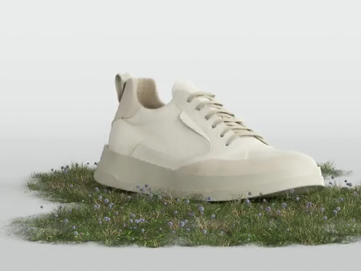 3D-Rendering eines hellen Sneakers auf einer Rasenfläche, Produktvideo für Bugatti Schuhe