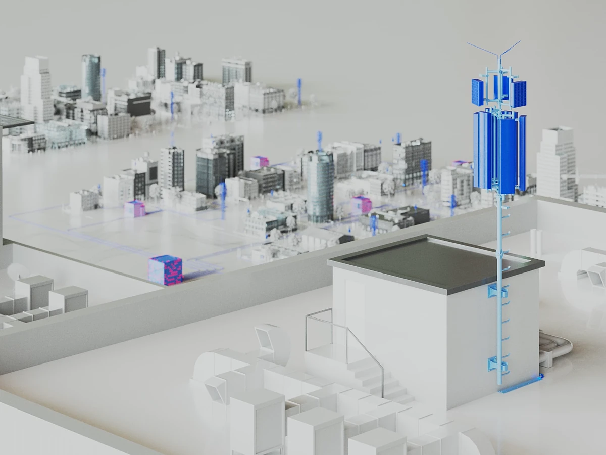 Blaue Mobilfunkantenne auf einem Dach vor einer 3D-Stadt, 3D-Animation für 1&1 O-RAN