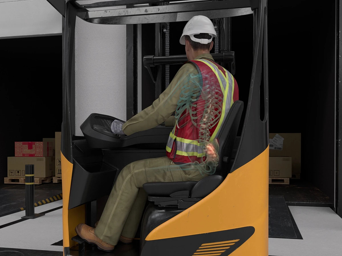 Staplerfahrer mit eingeblendeter Wirbelsäule auf einem Gabelstapler, 3D-Animation für SIMA