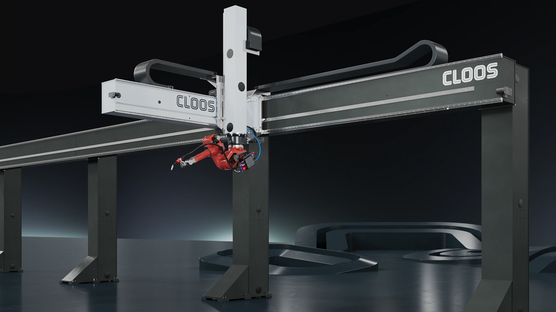 CLOOS Portalanlage mit rotem Schweißroboter, 3D Animation für CLOOS Automation Solutions
