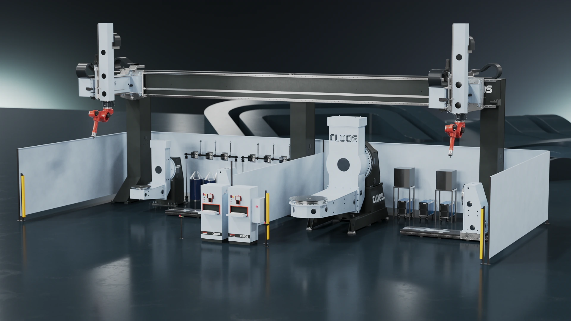 Komplette Schweißanlage mit Portal, Positionierern und Robotern, 3D Animation für CLOOS