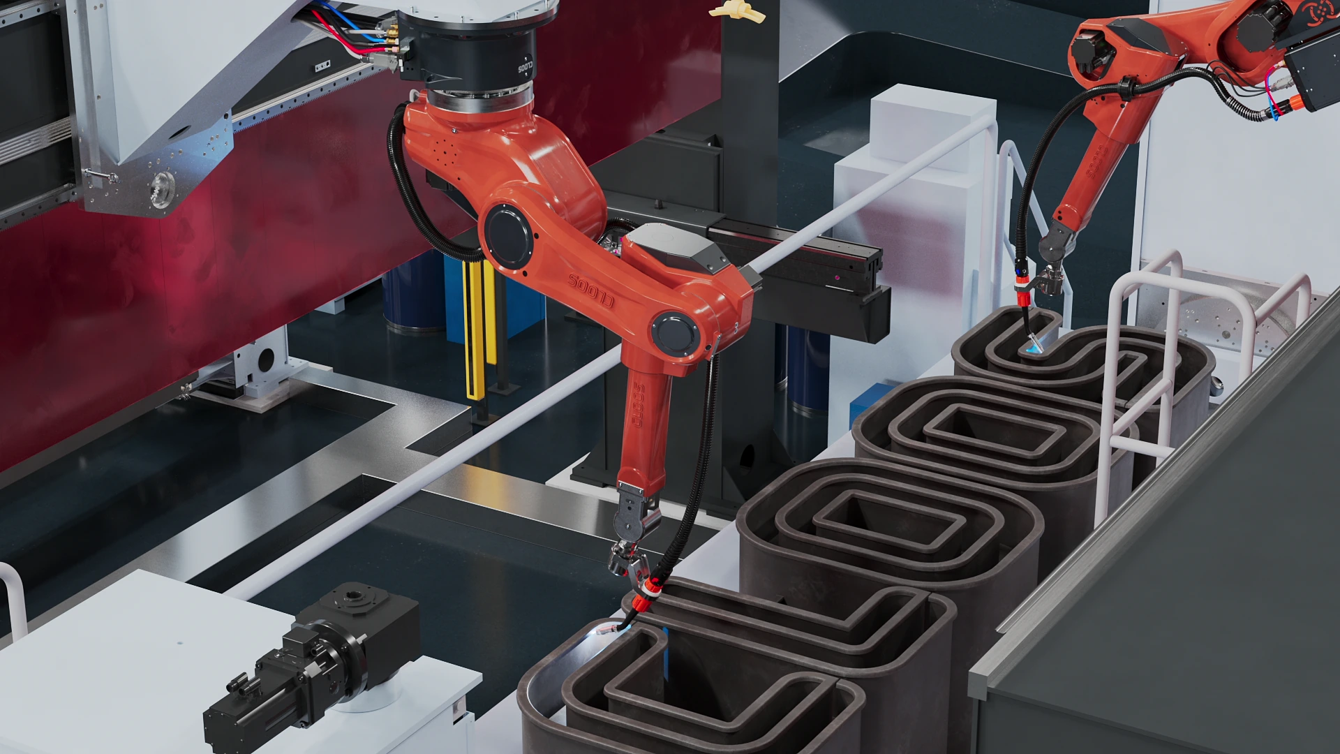 Zwei rote CLOOS Schweißroboter an einer Fertigungslinie, 3D Animation