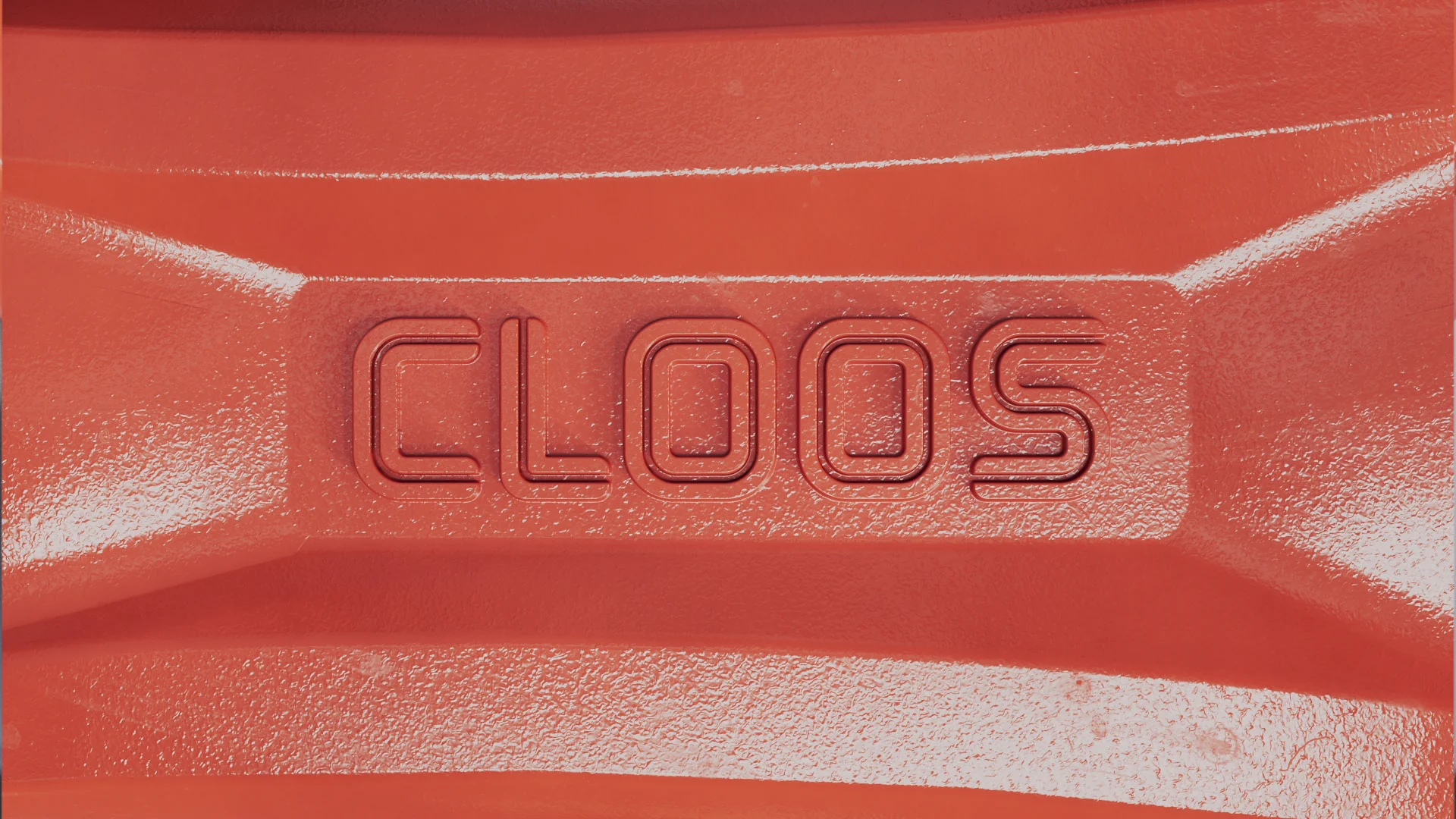 Nahaufnahme des CLOOS Logos auf einem roten Roboterarm, 3D Rendering