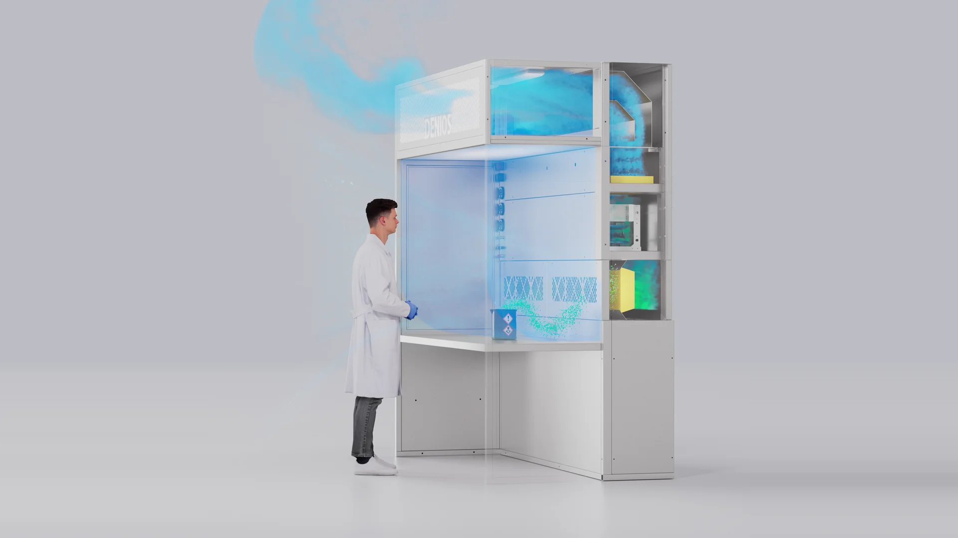 3D-Animation für DENIOS: Arbeitsplatz mit Regal, die Abluft steigt als farbige Fahne nach oben.
