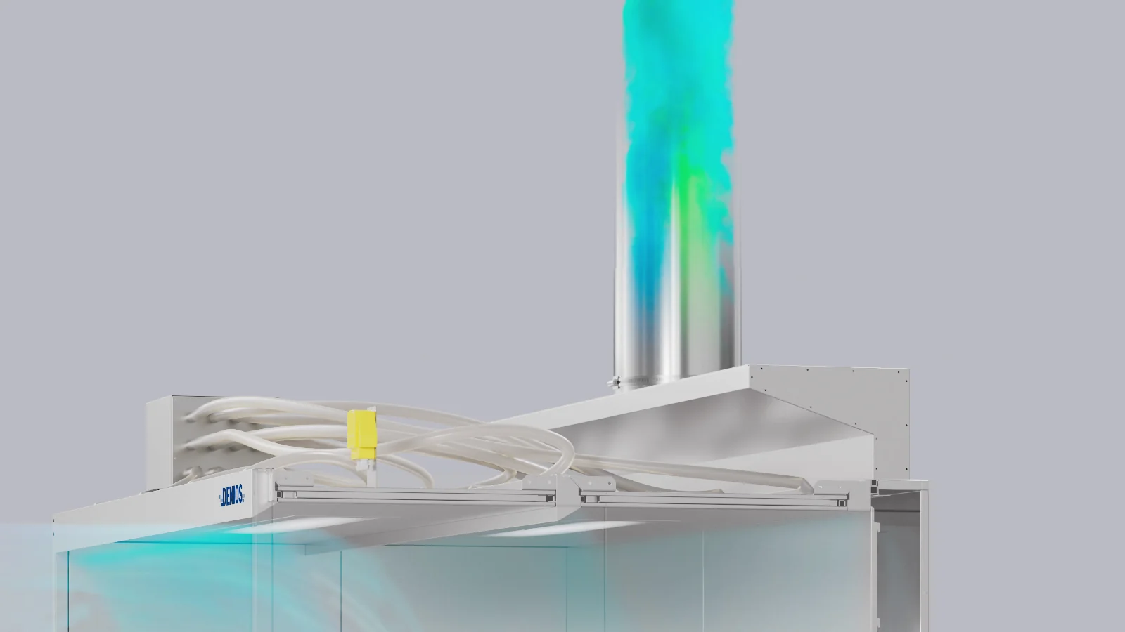 3D-Rendering: Dach einer Absaugkabine mit Schläuchen, oben tritt die Abluft aus dem Kamin.