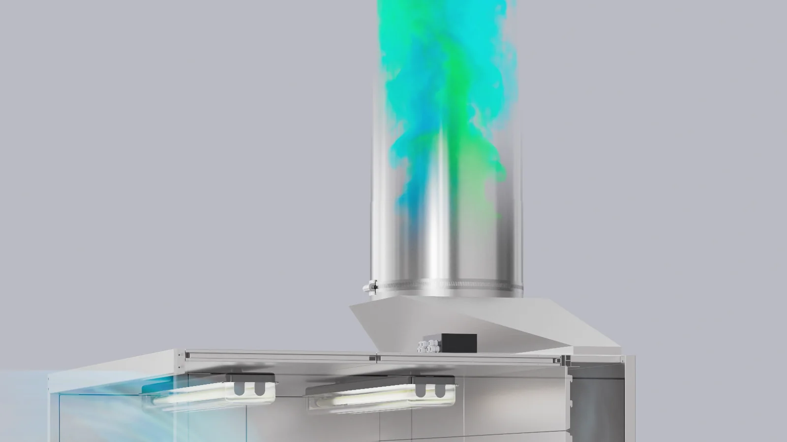 3D-Rendering: Abluftkamin auf einer Absaugkabine, die Abluftfahne ist farbig sichtbar gemacht.