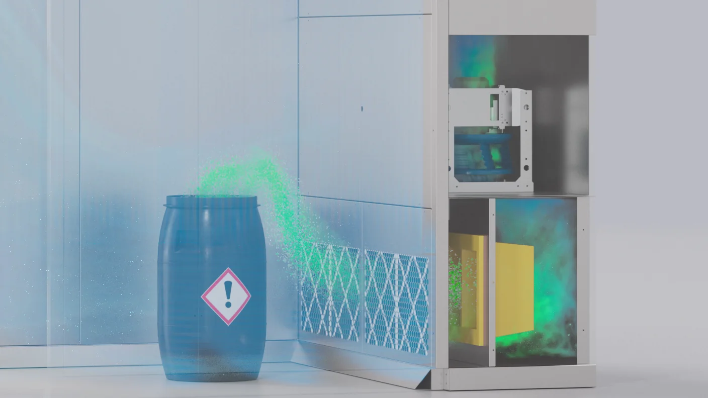 3D-Rendering: Partikelstrom aus einem blauen Gefahrstofffass zieht in den Gitterfilter an der Rückwand.
