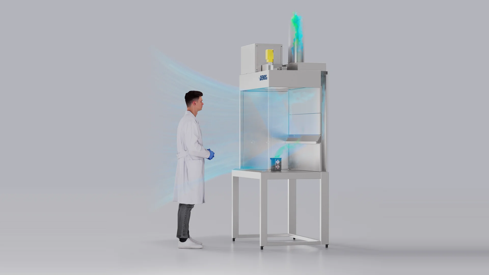 3D-Animation für DENIOS: Mitarbeiter an einem Sicherheitsarbeitsplatz, die Luftströmung ist blau sichtbar gemacht.