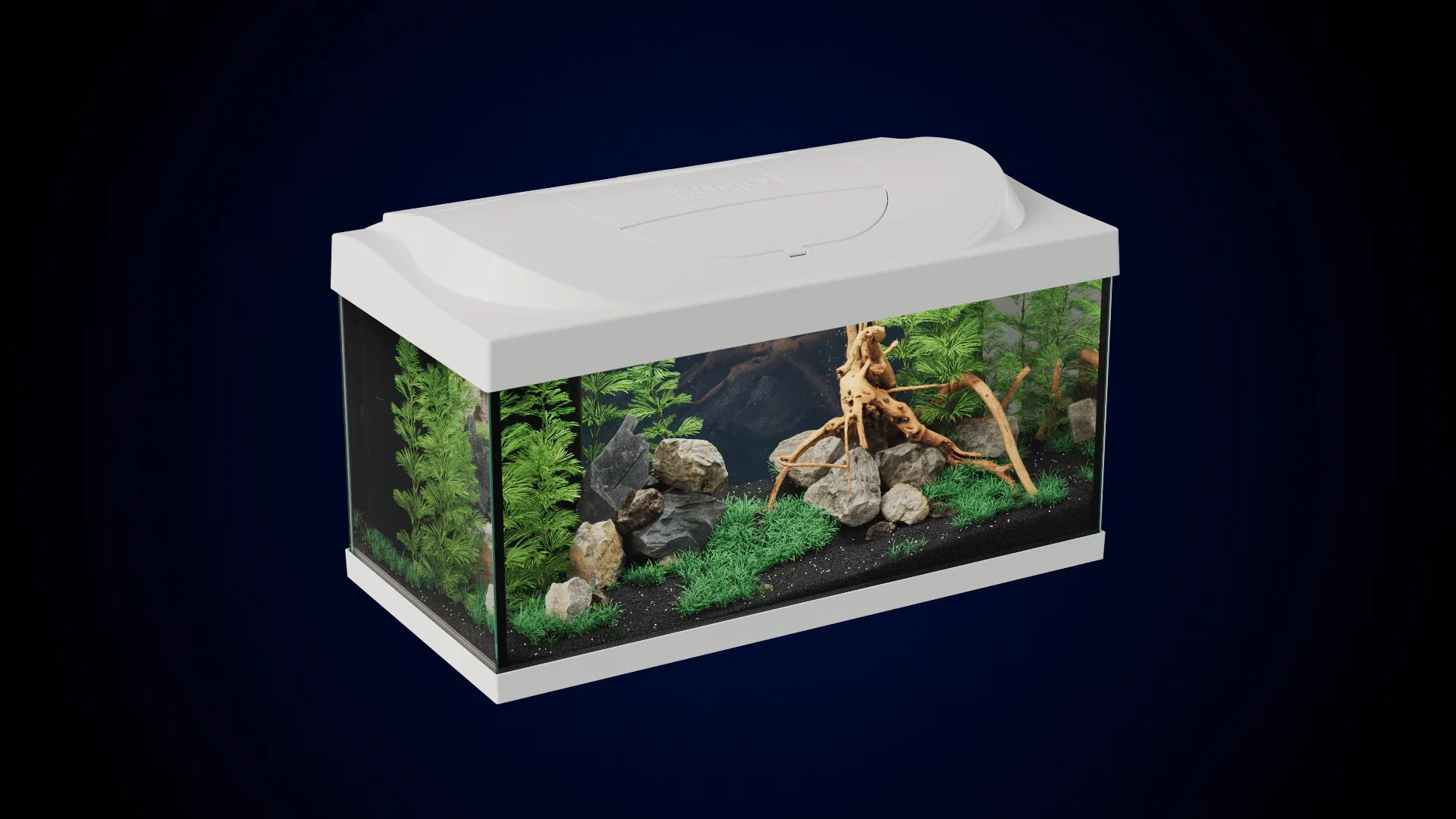 Tetra Starter Line Aquarium im Tagmodus mit weißer Abdeckung vor dunkelblauem Hintergrund, 3D Animation