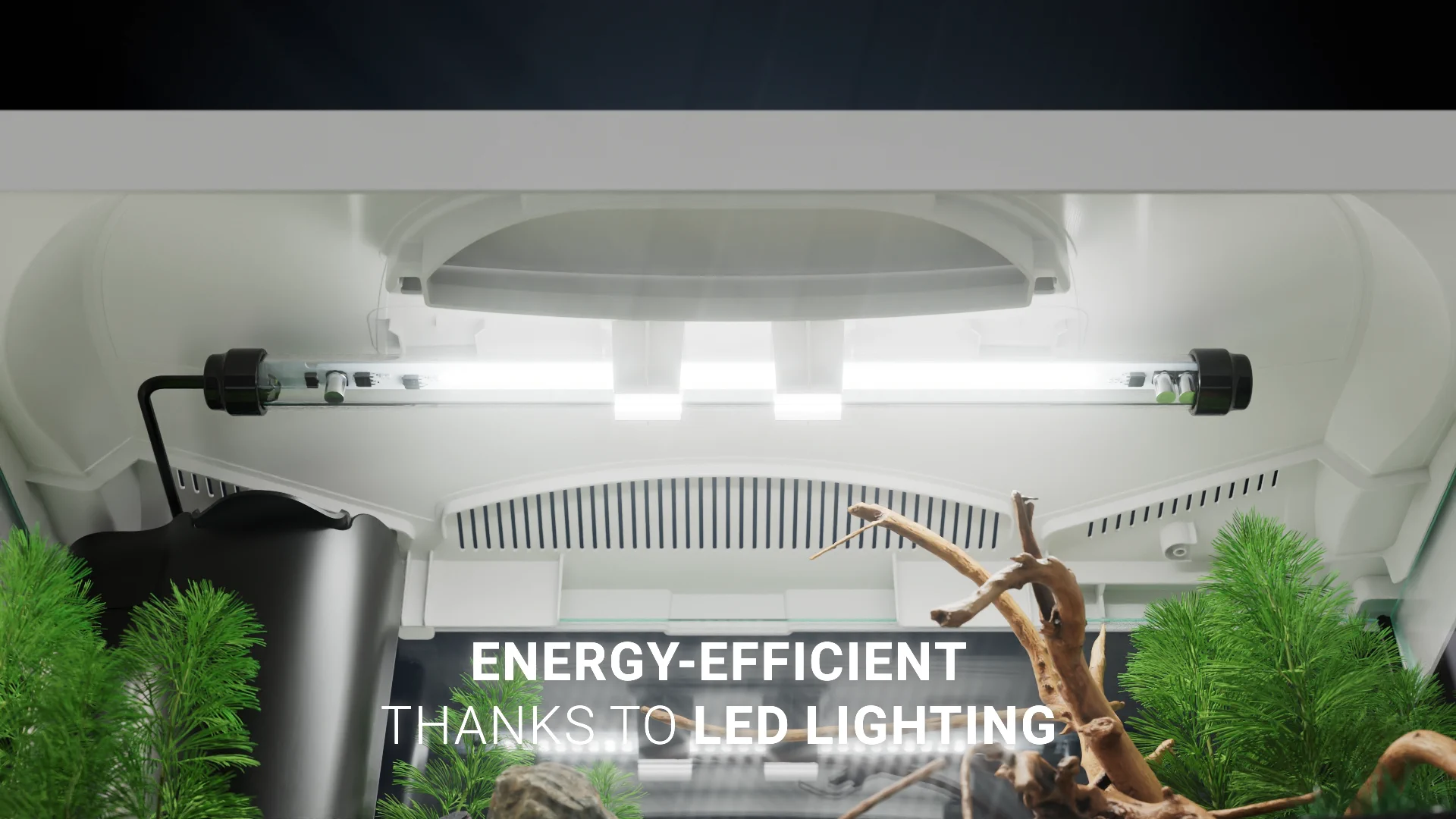 Blick unter die Aquarium-Abdeckung auf die eingeschaltete LED-Leuchte und den Filter, mit Einblendung „Energy-efficient thanks to LED lighting“
