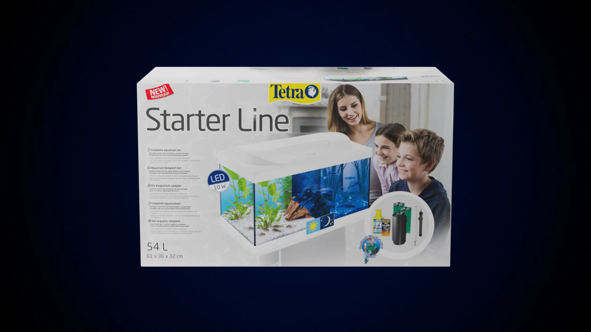 3D-Verpackung des Tetra Starter Line Komplettaquariums mit 54 Litern vor dunkelblauem Hintergrund