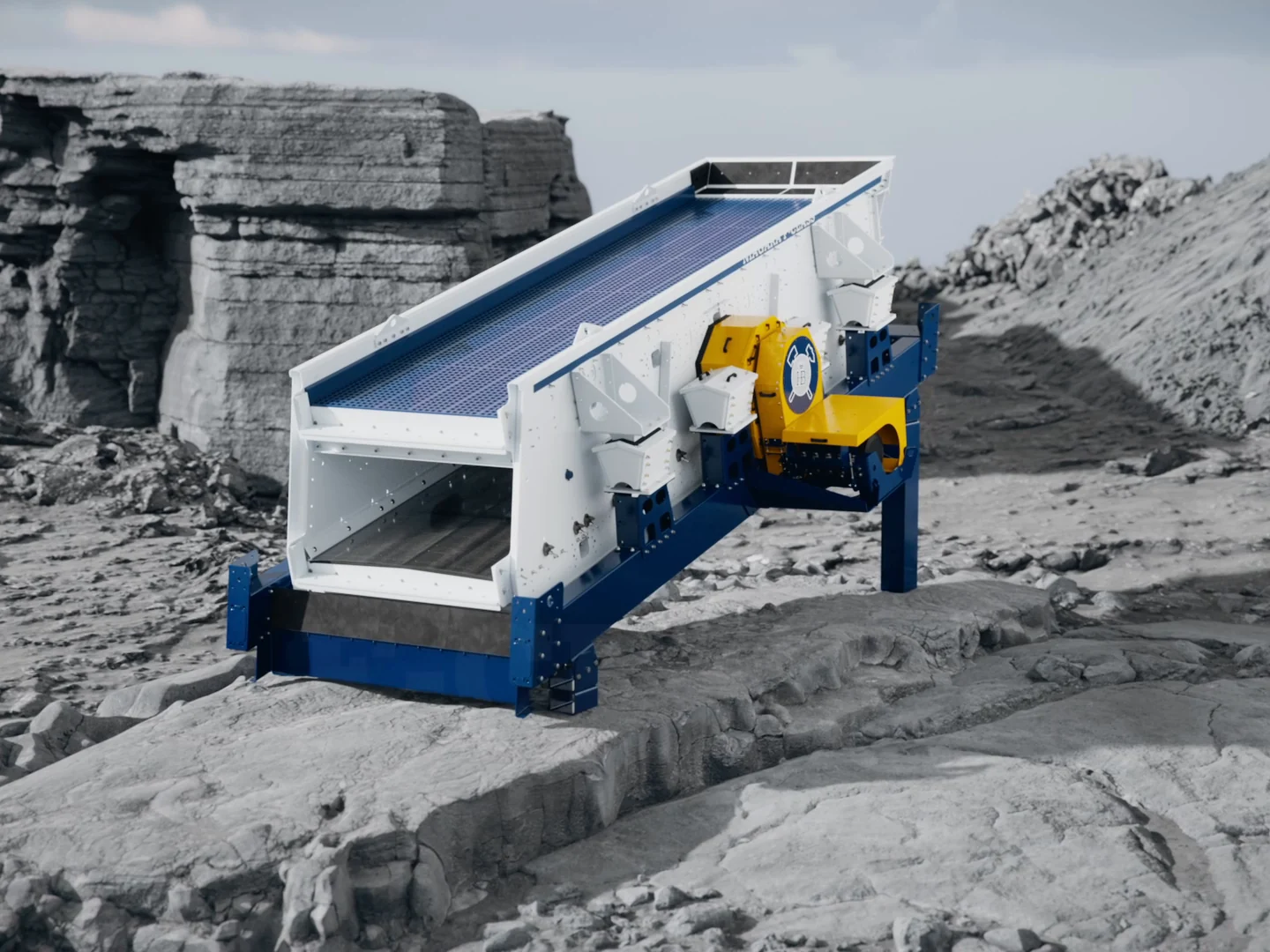 Industrielle Siebmaschine im Einsatz – 3D Animation einer robusten blauen, weißen und gelben Maschine für Steinbruch und Bergbau | Filmproduktion, Produktvideo und Industrie-Werbefilm von CHEESE Productions.