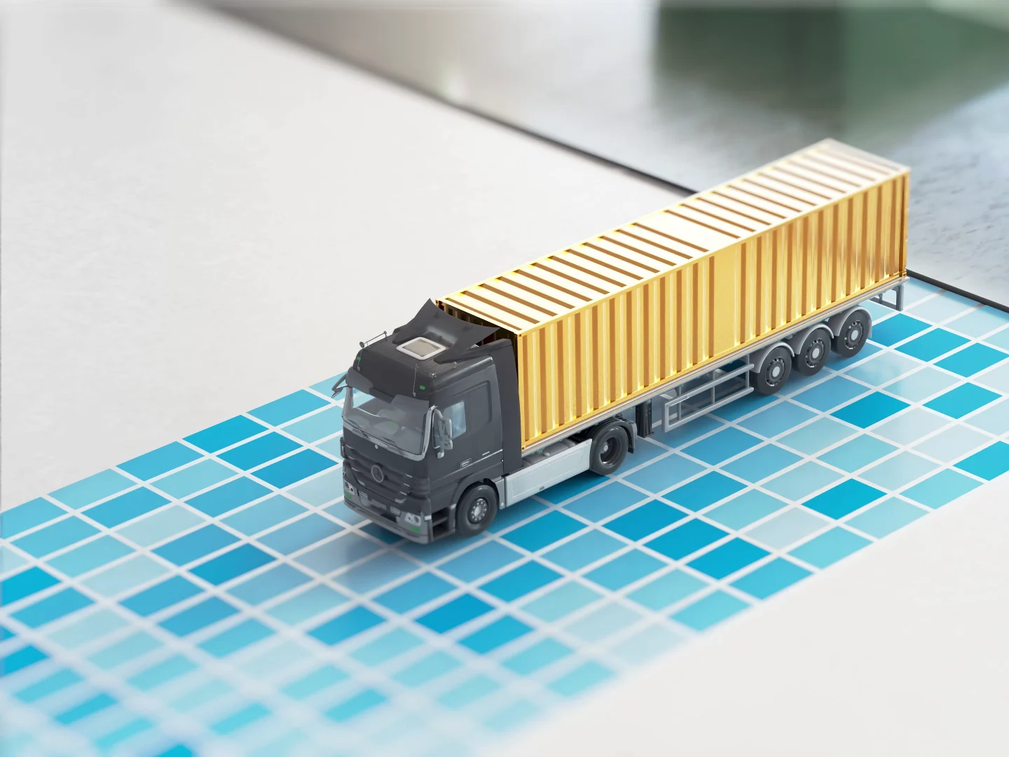 3D-Animation eines modernen Lkw mit goldenem Container – Szene aus einem Produktvideo oder Werbefilm, die Logistik, Transport und industrielle Effizienz in realistischer CGI-Visualisierung hochwertig darstellt.