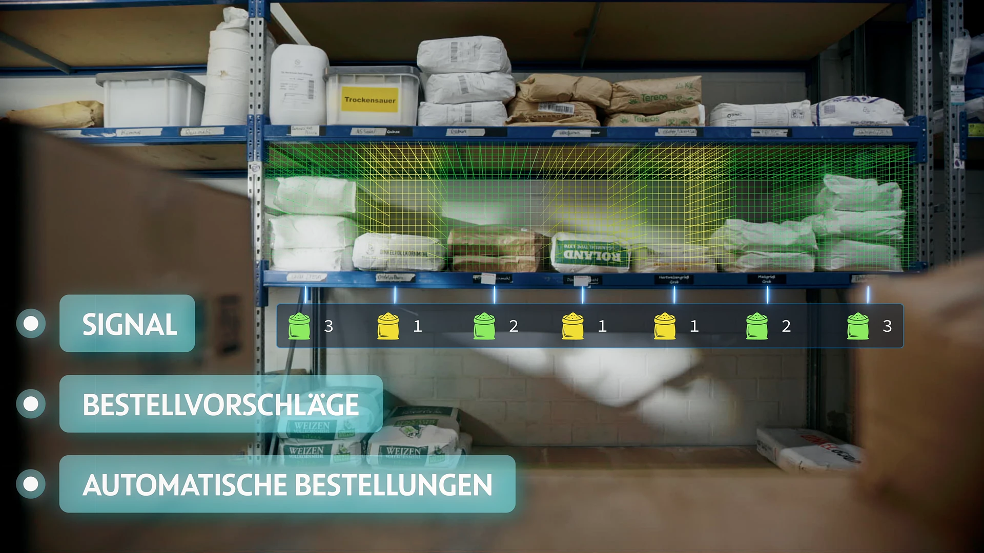 Lagerregal mit eingeblendeten Signalen, Bestellvorschlägen und automatischen Bestellungen, Produktfilm für BÄKO