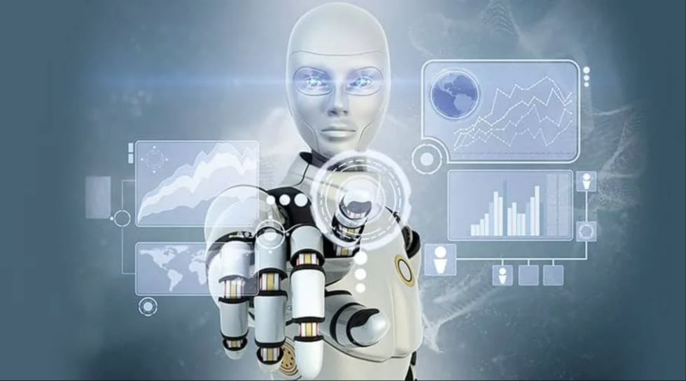 The image depicts a humanoid robot with a futuristic design, integrated with advanced technology. It is overlaid with transparent data and interface graphics, including world maps, charts, and graphs, symbolizing the robot's ability to process and analyze information. This kind of imagery is often used to represent concepts such as artificial intelligence, robotics, data analytics, and the future of technology.