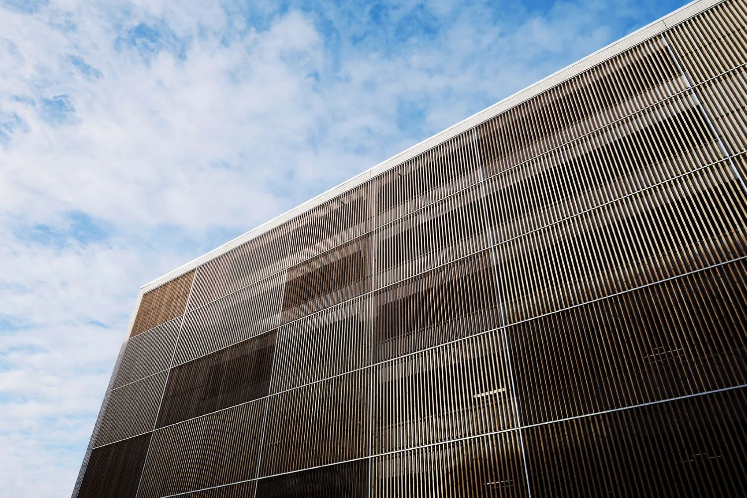 Fassade eines Gebäudes mit vertikalen Holzbrettern vor bewölktem Himmel.