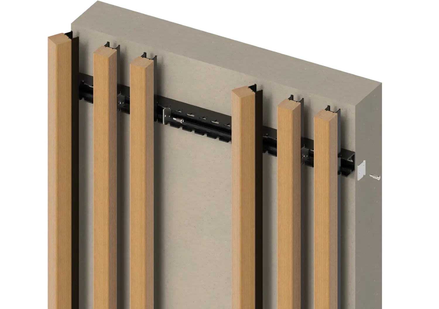 Detaillierte Nahaufnahme einer Wandinstallation mit vertikal eingebauten hellen Holzpaneelen und schwarzer Halterungsschiene.
