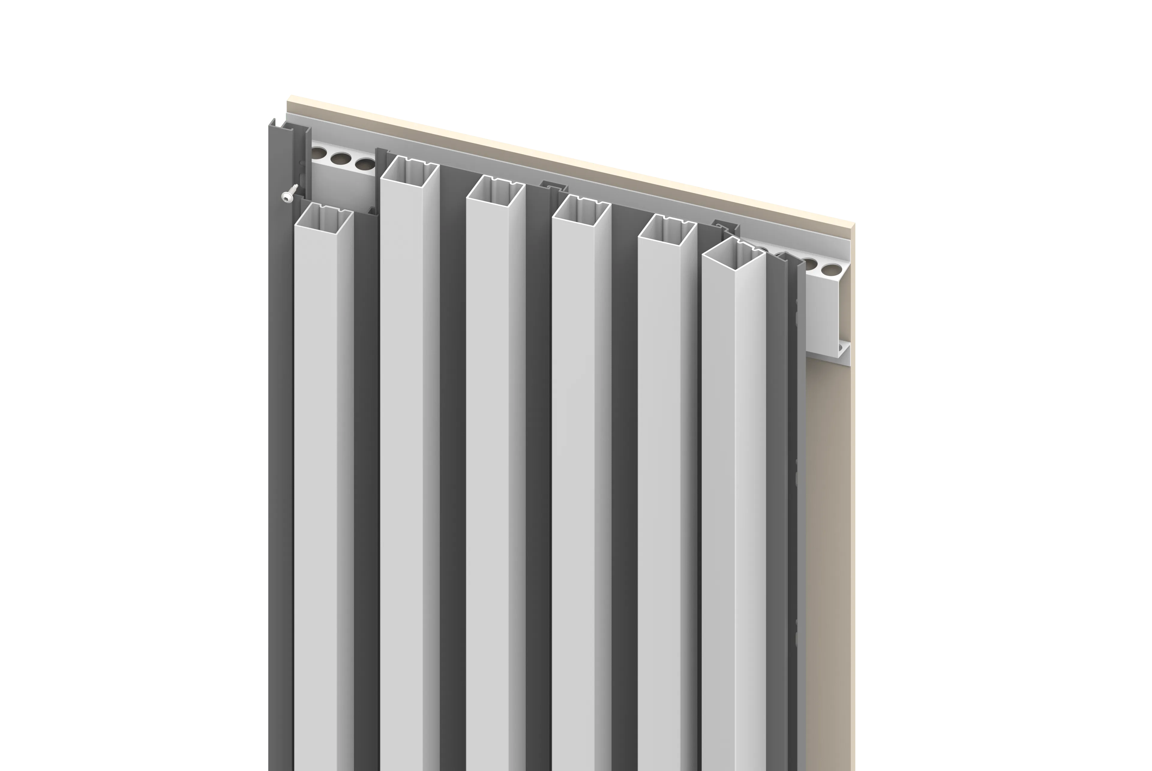 Detailansicht eines modernen Aluminium-Paneels mit vertikalen Profilen und Befestigungselementen.
