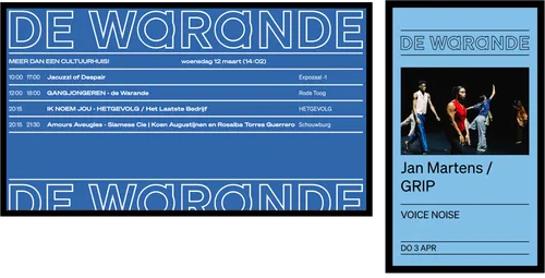 A pair of digital signage screens displaying upcoming events from Cultuurhuis de Warande.