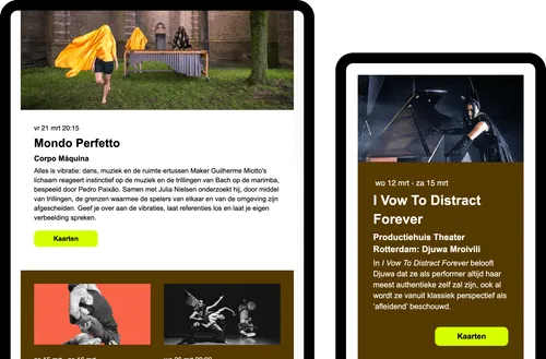 A tablet and mobile displaying a mailing from Theater Rotterdam.