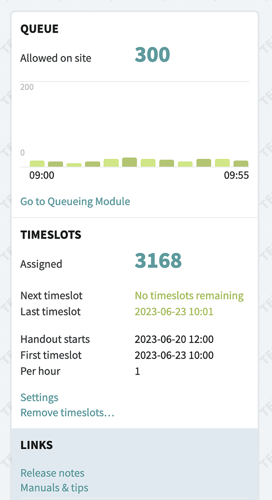 Screenshot of the Peppered dashboard showing details about queue size and Time slots so that marketing teams can manage the flow of traffic on their website during onsales.