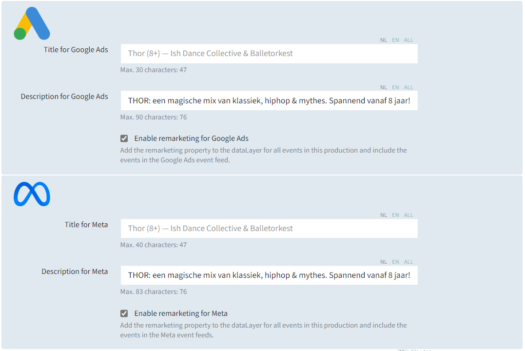 Backend view of CultureSuite CMS showing where you can enable remarketing