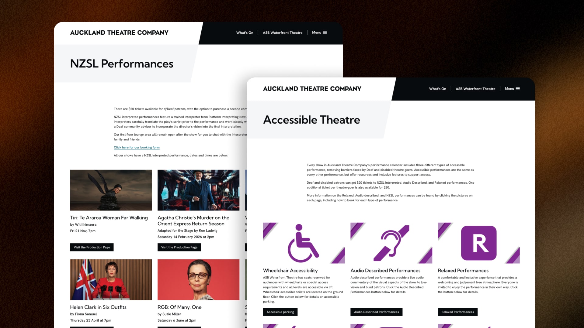 Screenshot of accessibility pages from Auckland Theatre Company's website showcasing events with accessibility provisions