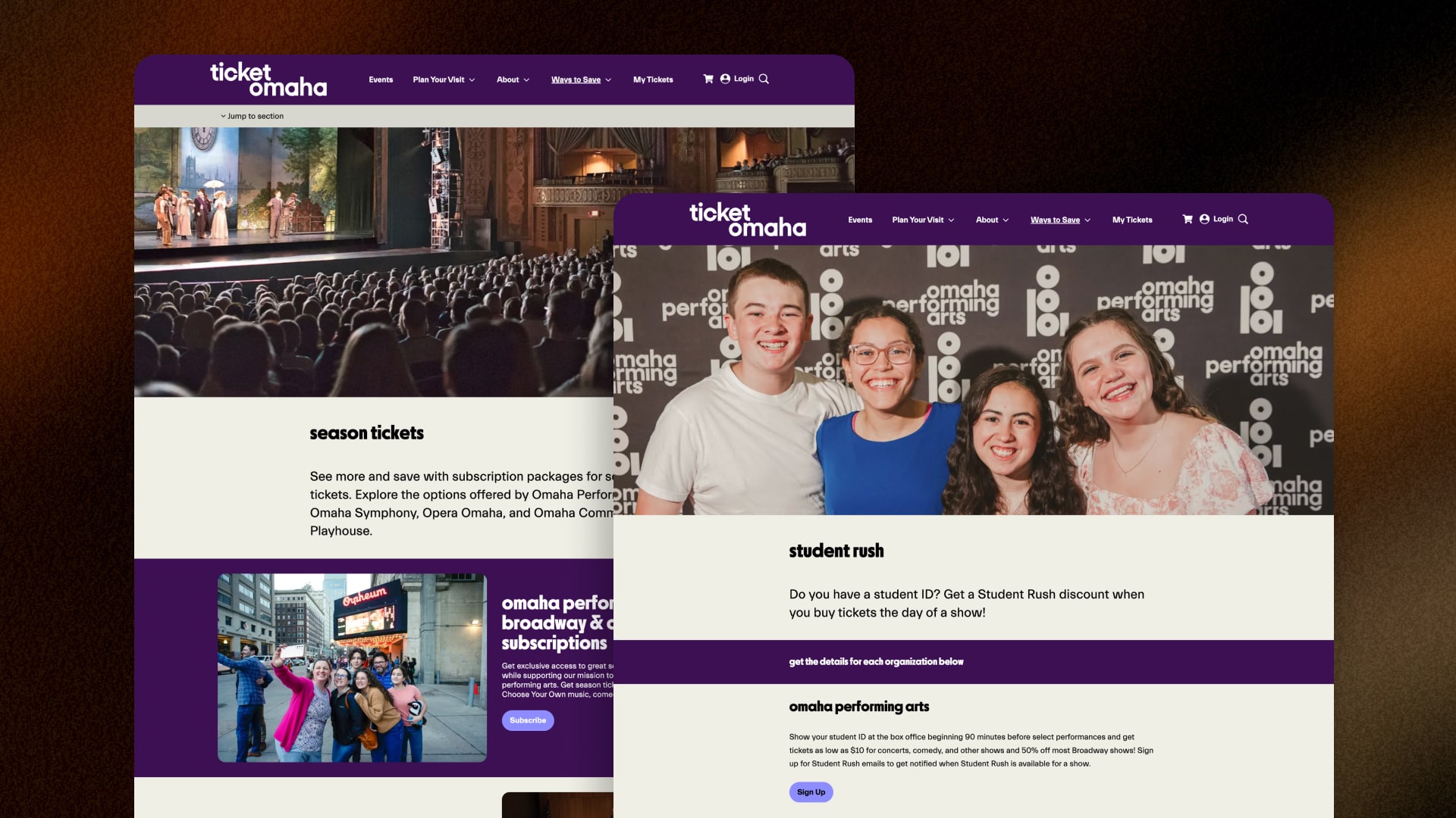 Screenshots from Ticket Omaha's "Ways to save" pages