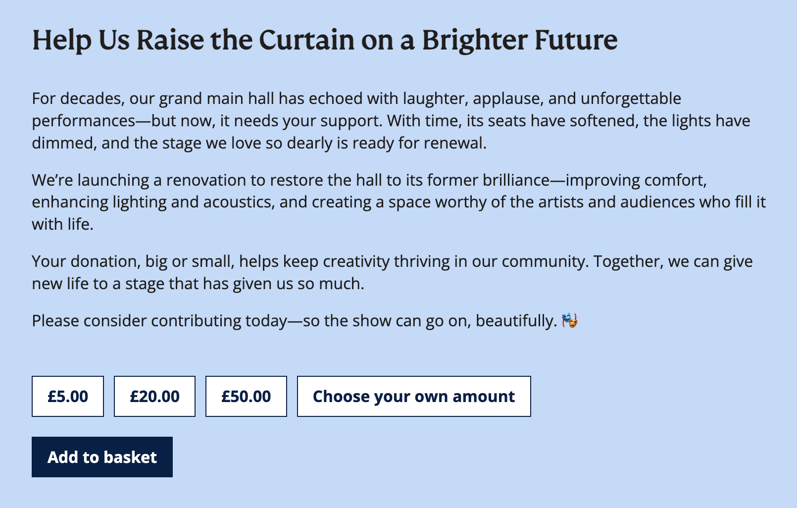 CultureSuite's Spektrix Upsell Part in action, showcasing copy to contextualist donation asks and easy to set up donation buttons