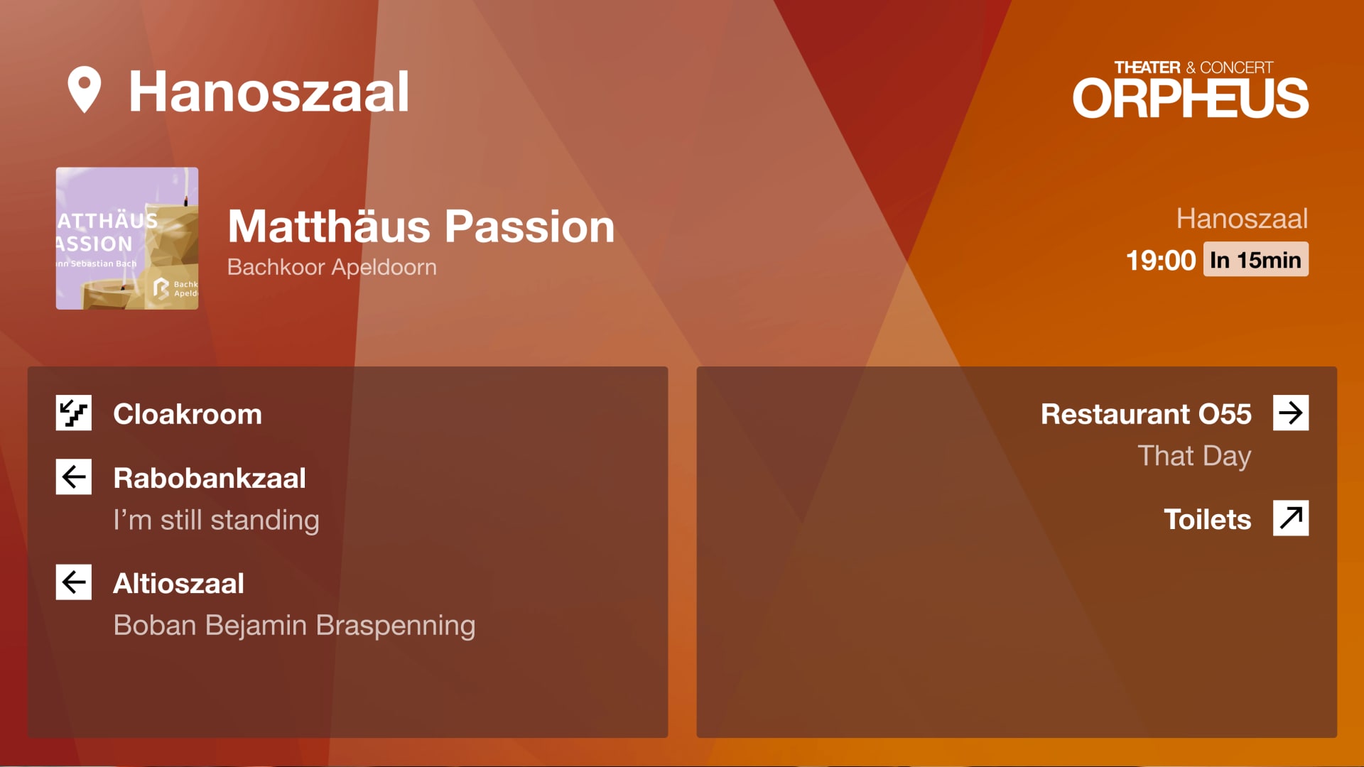 A screen of wayfinding and navigation screens at Orpheus showcasing various in-venue location and real-time event information