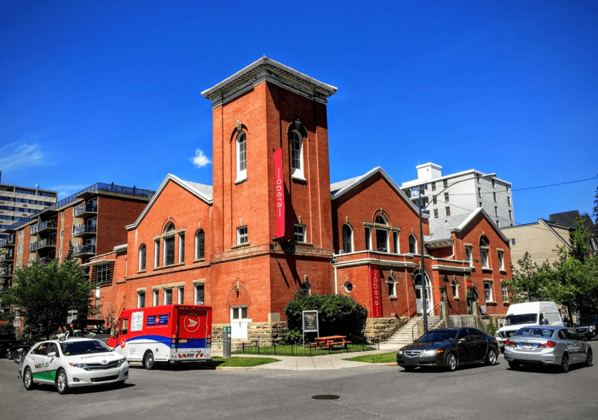 The exterior building of the Mamdani Opera Centre, Calgary Opera's headquarters