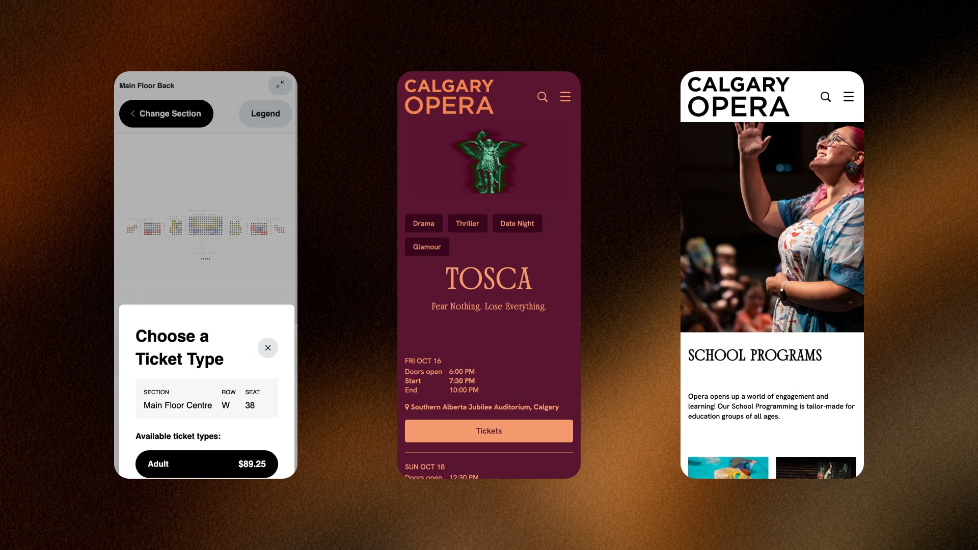 Three screenshots of Calgary Opera's mobile website