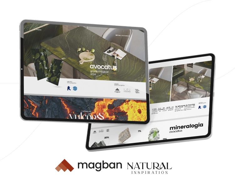 Dois tablets mostrando catálogos digitais da Magban Natural Inspiration com imagens de superfícies de pedra verde e lava, incluindo o nome 'avocatus'.