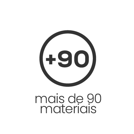 Símbolo de mais de 90 materiais dentro de um círculo com texto 'mais de 90 materiais' abaixo.
