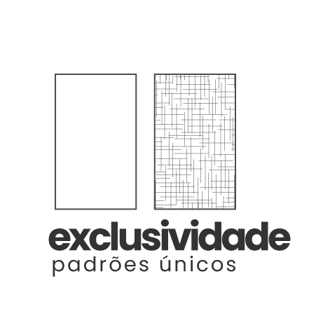 Logotipo com dois retângulos verticais; o da esquerda é vazio e o da direita tem linhas horizontais e verticais entrelaçadas, abaixo as palavras 'exclusividade padrões únicos' em fonte preta.