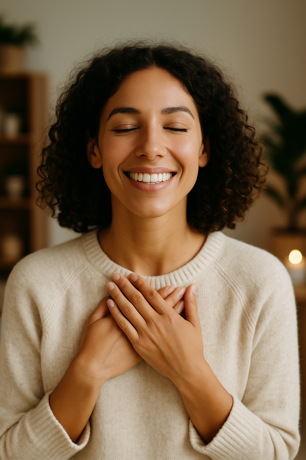 A relaxed, smiling woman with closed eyes holding her hands over her heart in a warm, calming wellness setting, representing stress relief and holistic rejuvenation.