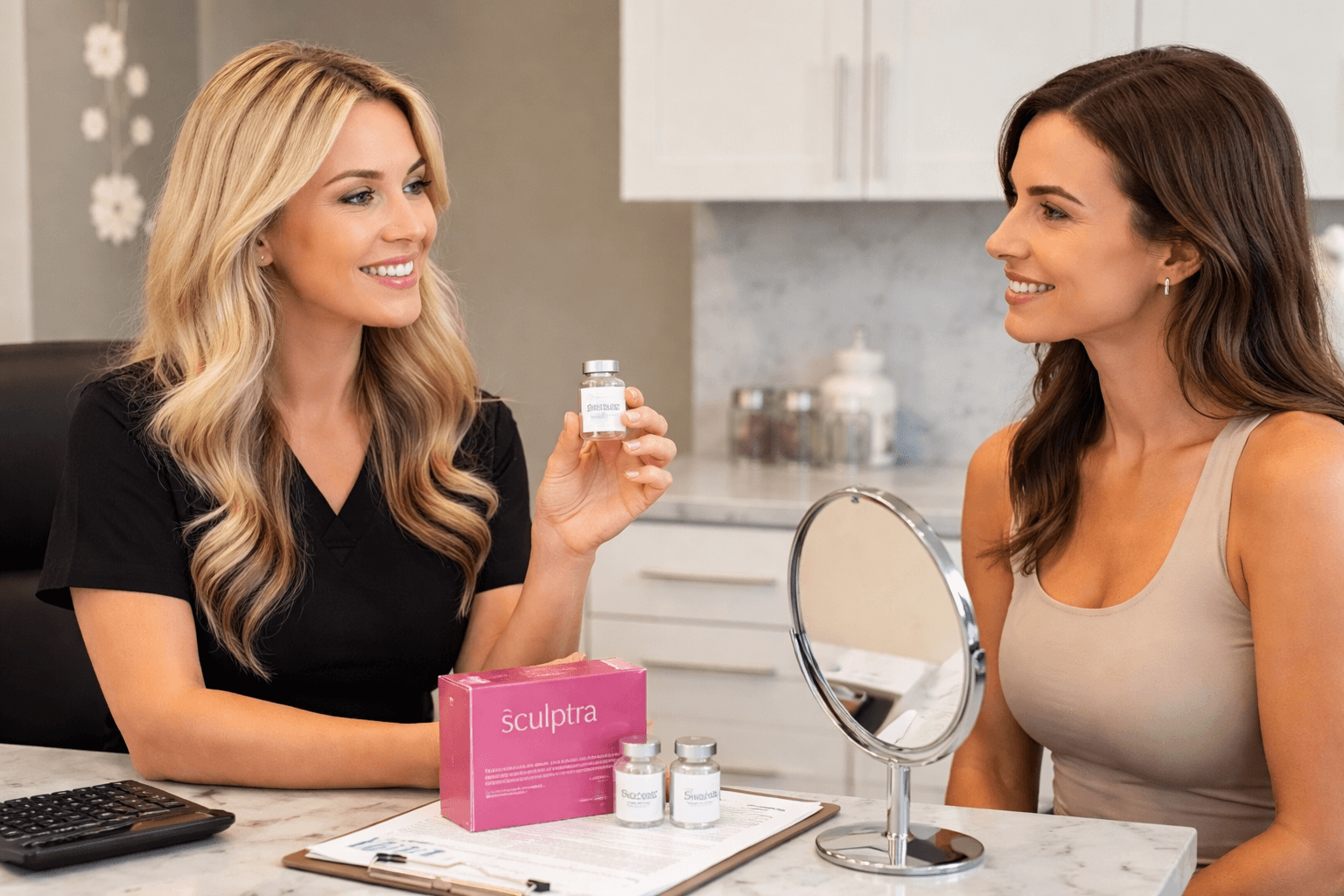 Sculptra treatment consultation discussing sculptra cost in Maitland, Florida for collagen restoration and facial volume rejuvenation