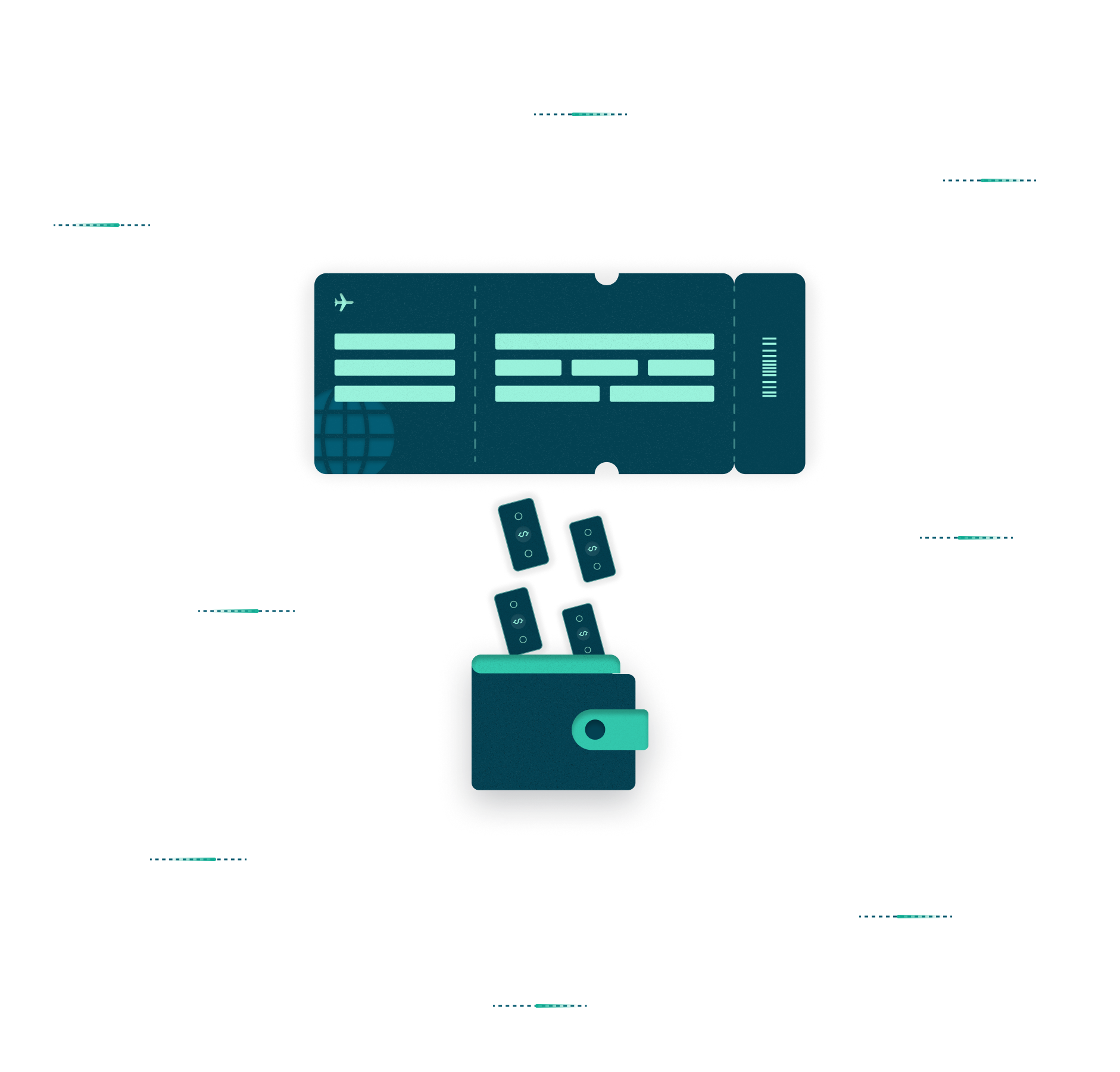 Illustration of unused airline tickets being converted into value, with tickets flowing into a wallet to represent automated recovery of refunds, taxes, and additional revenue.