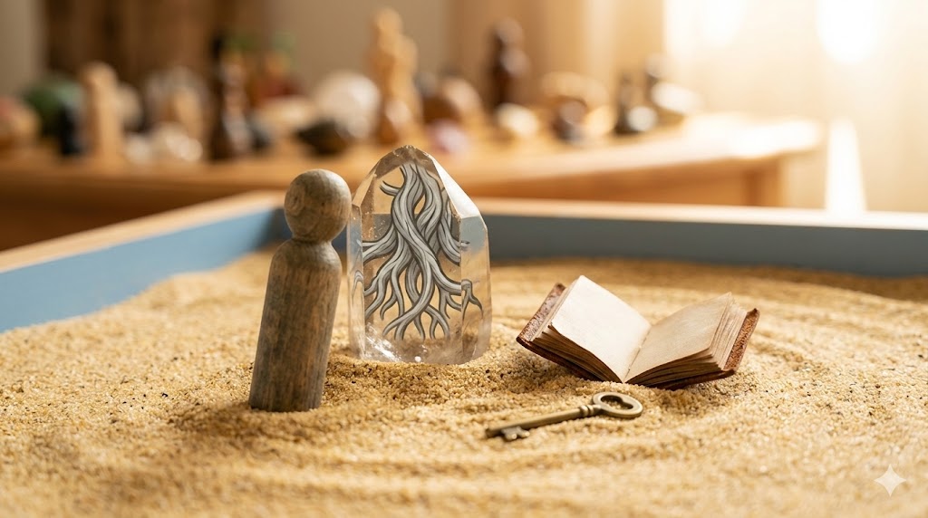 Close up of a sand tray with symbolic miniatures and a crystal.
