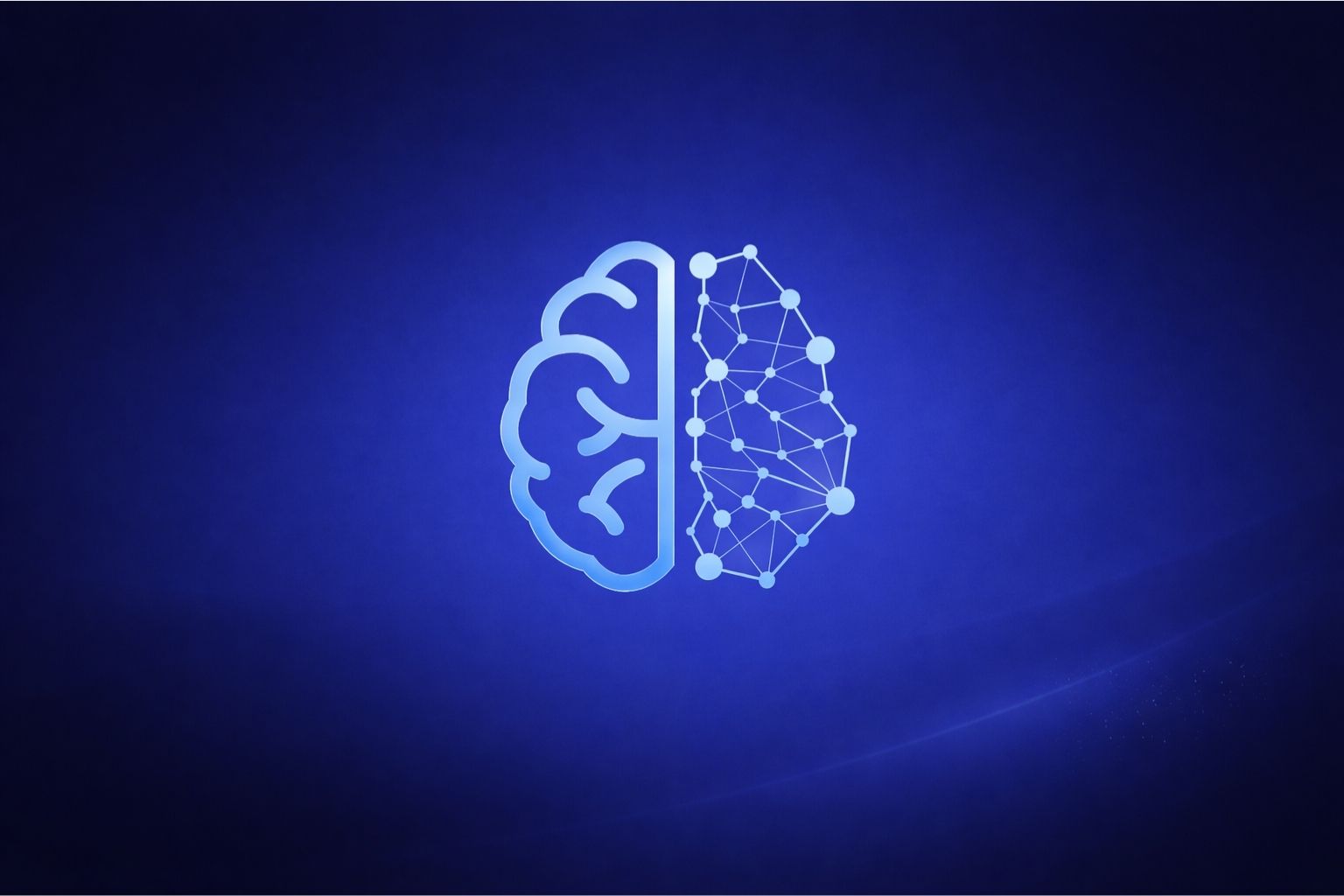Blue digital illustration of a brain with the left half showing a traditional brain outline and the right half composed of interconnected nodes and lines, on a dark blue background.
