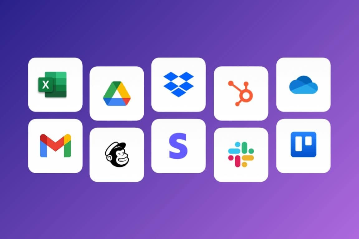 Grid of 10 app icons on purple background including Microsoft Excel, Google Drive, Dropbox, HubSpot, OneDrive, Gmail, Mailchimp, Stripe, Slack, and Trello.