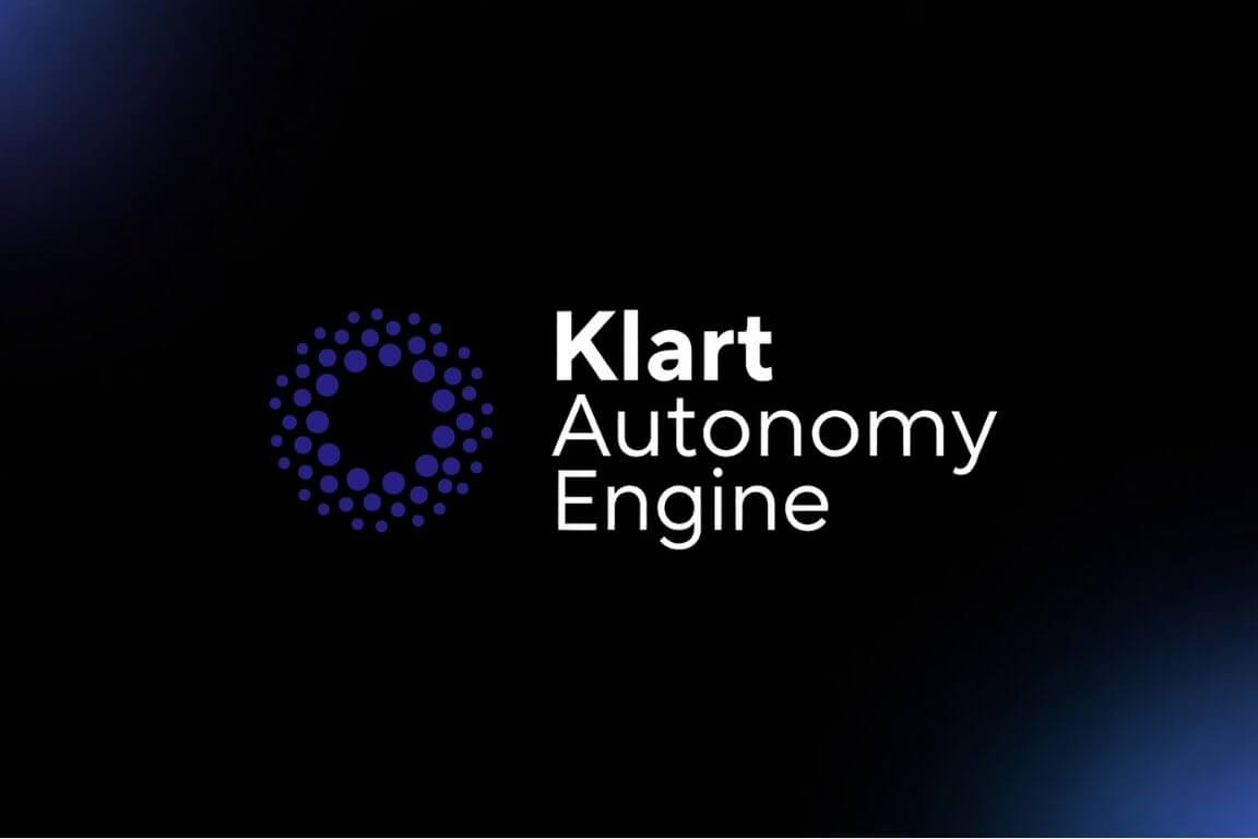 Klart Autonomy Engine logo with a circular blue dotted design on a black background.