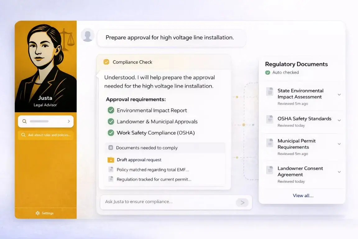 Digital legal advisor interface named Justa showing compliance check for high voltage line installation with approval requirements and regulatory documents list.