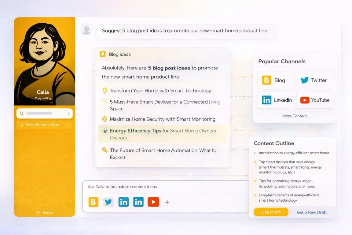 Screenshot of an AI assistant named Calla suggesting five blog post ideas to promote a new smart home product line, with popular channel icons and a content outline visible.