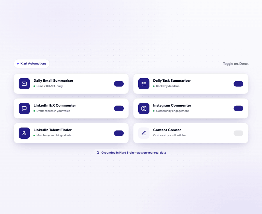 Interface showing toggles for six automation tools like Daily Email Summariser and Instagram Commenter.