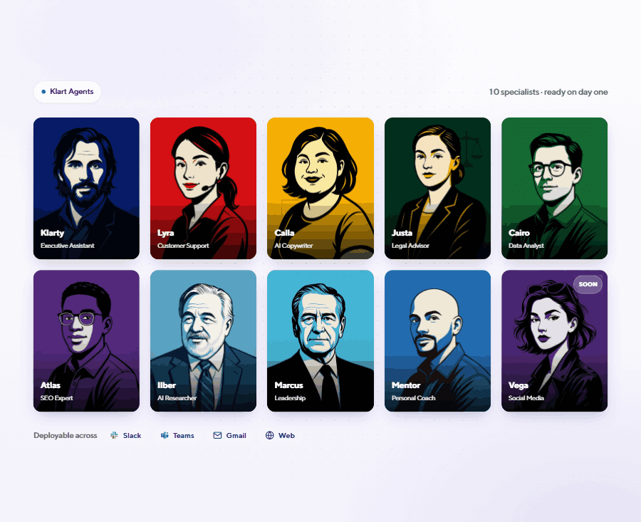 Illustrated portraits of 10 Klart Agents specialists with roles like AI writer, legal advisor, and SEO expert.