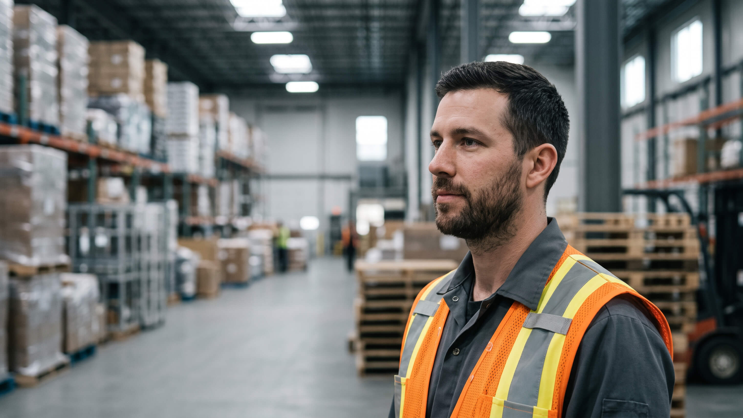 A bearded man in an orange and yellow high-visibility safety vest and grey work shirt stands in the aisle of a large warehouse, looking off to his left. Behind him, tall racking is stacked with boxes and pallets, a forklift sits to one side, and two workers move in the blurred distance.