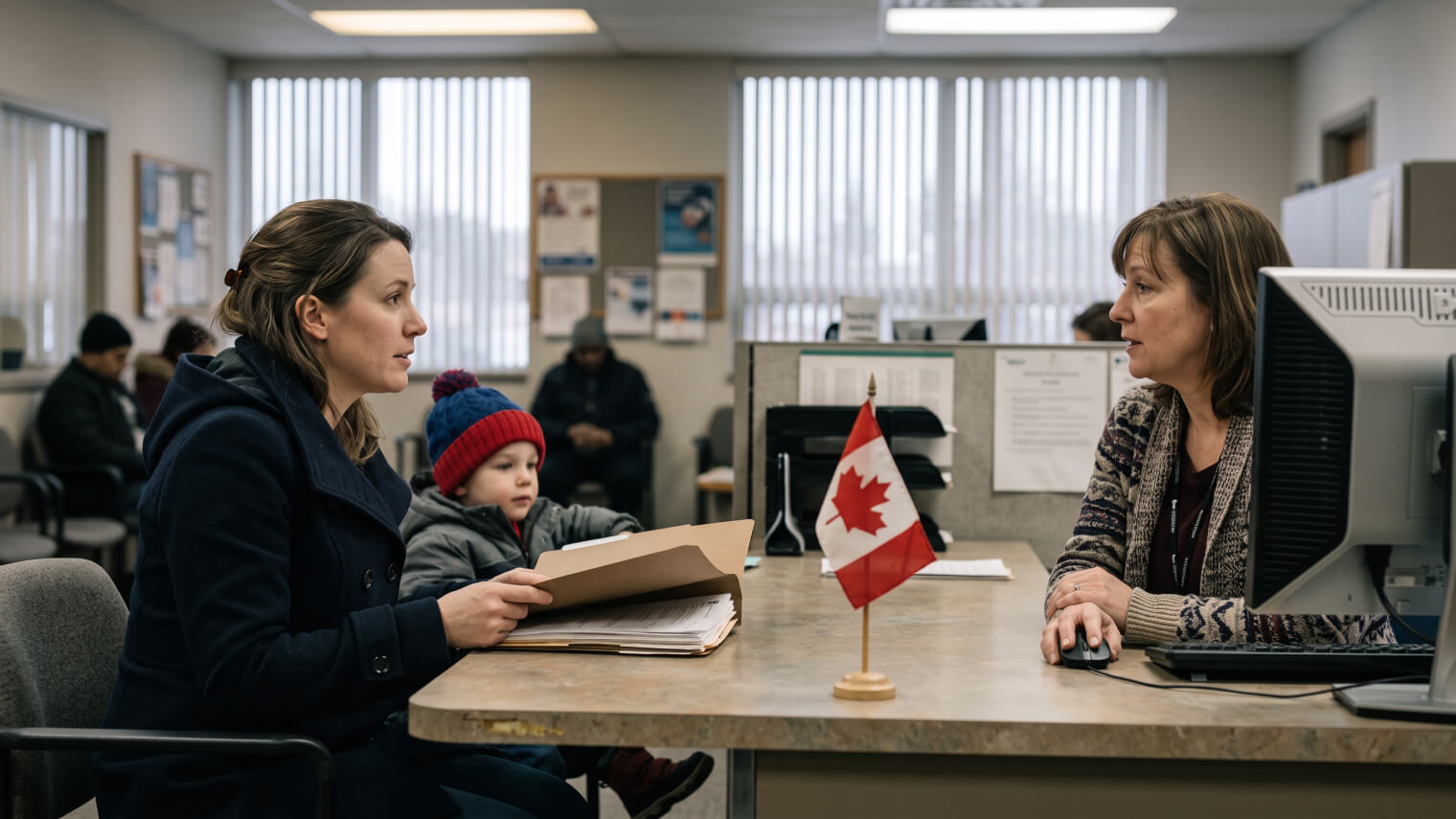 A parent holding a folder of documents sits with a young child at a service counter, speaking with a caseworker across a desk in an Ontario social services office.
